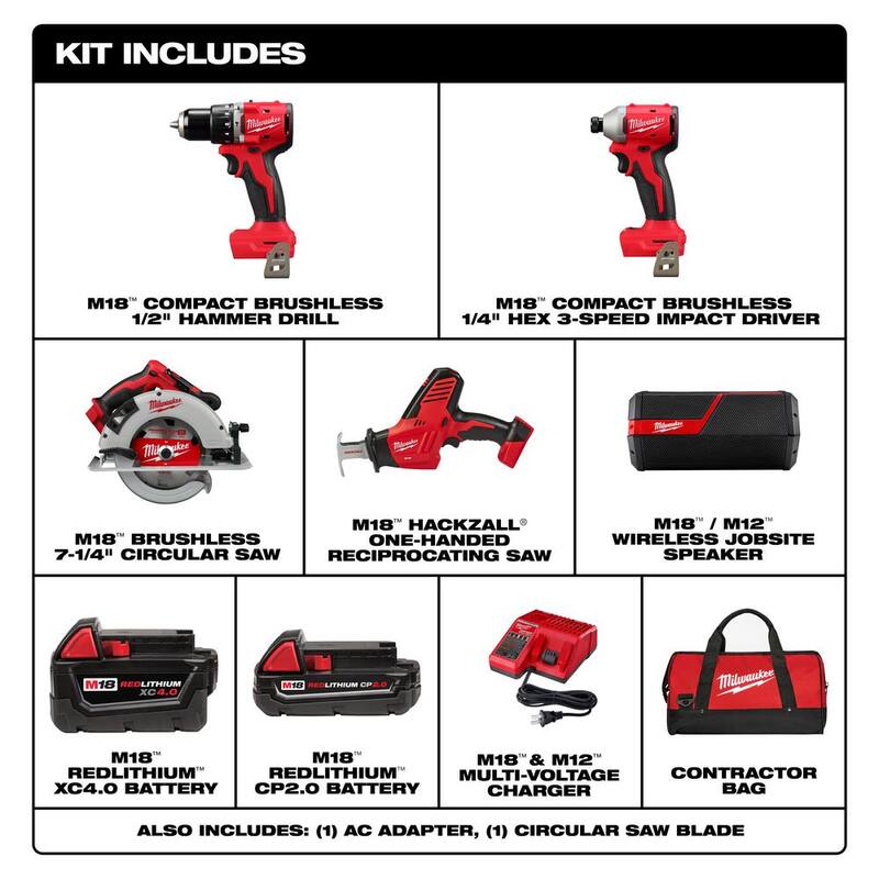 Kit combinado inalámbrico Milwaukee M18 18-Volt de iones de litio sin escobillas (4 herramientas) con 2 baterías, 1 cargador y altavoz inalámbrico M18/M12 - 3693-24CX-2891-20