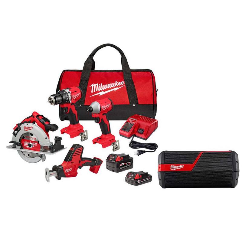 Kit combinado inalámbrico Milwaukee M18 18-Volt de iones de litio sin escobillas (4 herramientas) con 2 baterías, 1 cargador y altavoz inalámbrico M18/M12 - 3693-24CX-2891-20