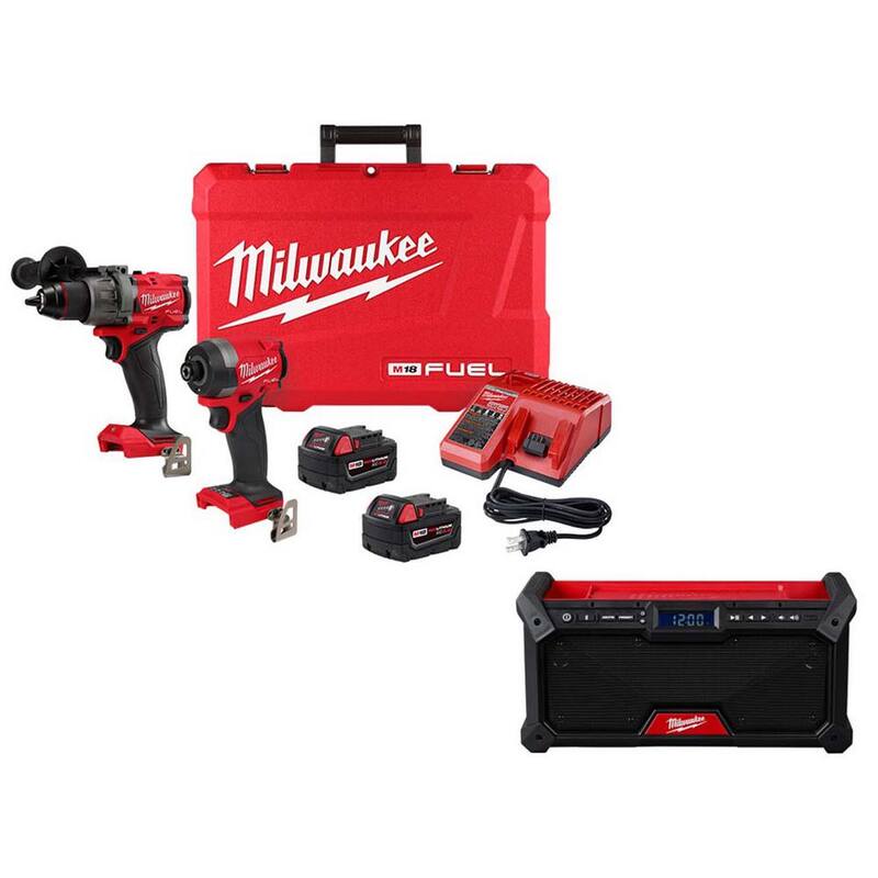 Kit combinado de taladro de martillo inalámbrico y destornillador de impacto Milwaukee M18 FUEL 18V de ion de litio sin escobillas con 2 baterías y radio de obra - 3697-22-2952-20