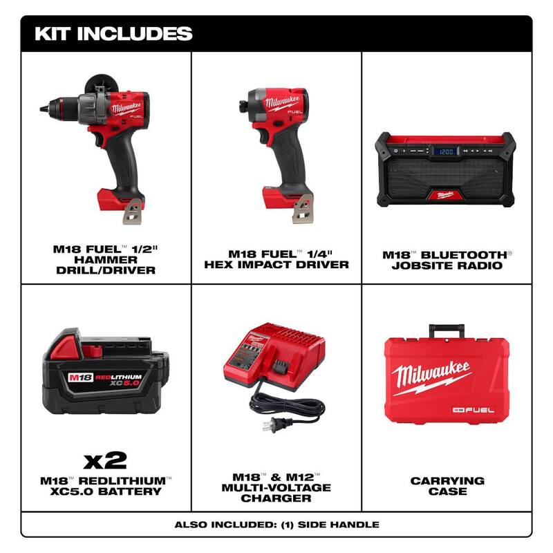 Kit combinado de taladro de martillo inalámbrico y destornillador de impacto Milwaukee M18 FUEL 18V de ion de litio sin escobillas con 2 baterías y radio de obra - 3697-22-2952-20
