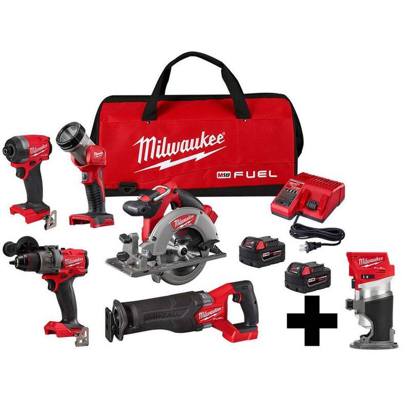 Milwaukee M18 FUEL 18-Volt Lithium-Ion Brushless Cordless Combo Kit (Paquete de herramientas inalámbricas sin escobillas de 5 piezas) con Router compacto M18 FUEL - 3697-25-2723-20