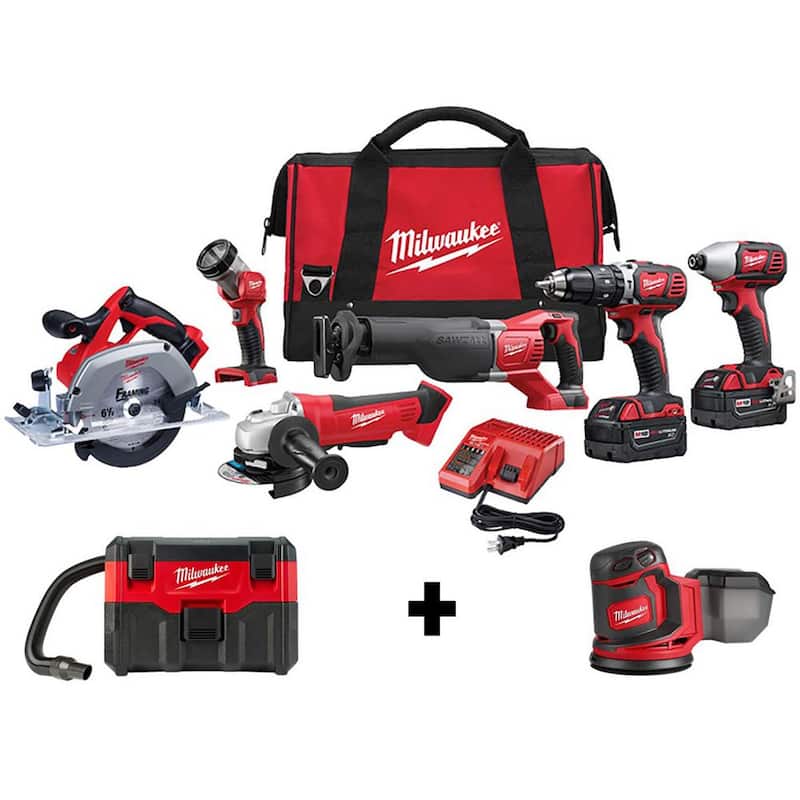 Juego de herramientas inalámbricas Milwaukee M18 18V de ion de litio (6 herramientas) con aspiradora húmeda/seca y lijadora orbital aleatoria - 2696-26-0880-20-2648-20