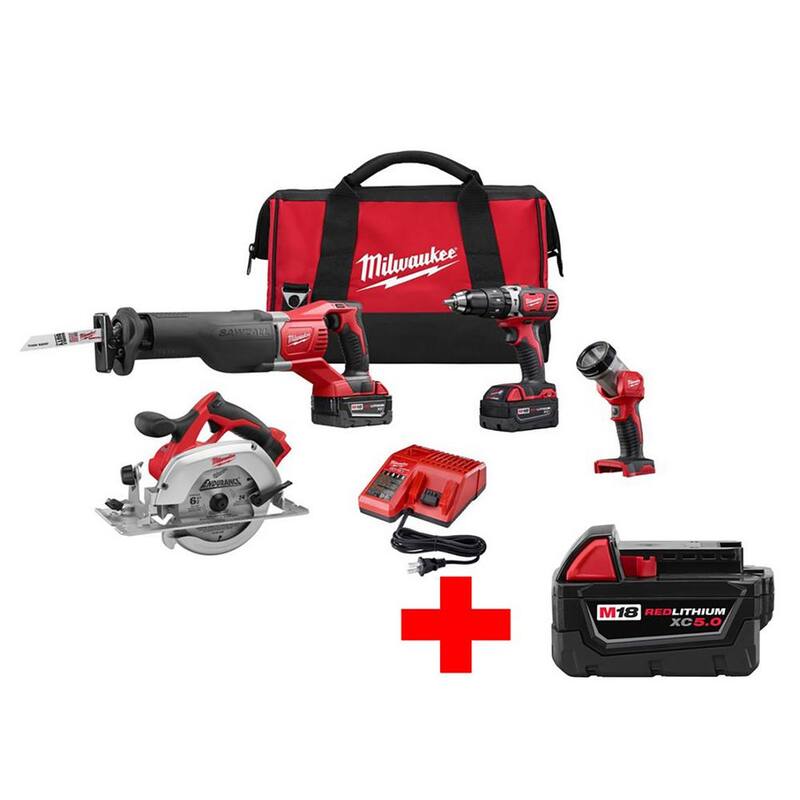 Juego de combinación de taladro de martillo inalámbrico de 18V con iones de litio Milwaukee M18/Sawzall/Sierra circular con luz (4 herramientas) con batería gratuita de 5.0Ah - 2694-24-48-11-1850