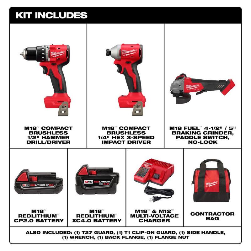 Milwaukee M18 18-Volt Lith-Ion Brushless Cordless Compact Hammer Drill/Impact Combo Kit con (2) Baterías y M18 FUEL Grinder - 3693-22CX-2880-20