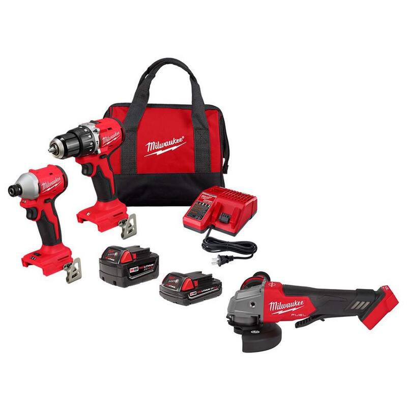 Milwaukee M18 18-Volt Lith-Ion Brushless Cordless Compact Hammer Drill/Impact Combo Kit con (2) Baterías y M18 FUEL Grinder - 3693-22CX-2880-20