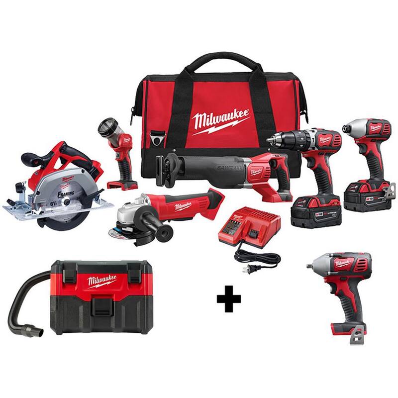 Juego de herramientas inalámbricas Milwaukee M18 de 18V con batería de iones de litio (6 herramientas) con aspiradora húmeda/seca y llave de impacto de 3/8 pulgadas - 2696-26-0880-20-2658-20