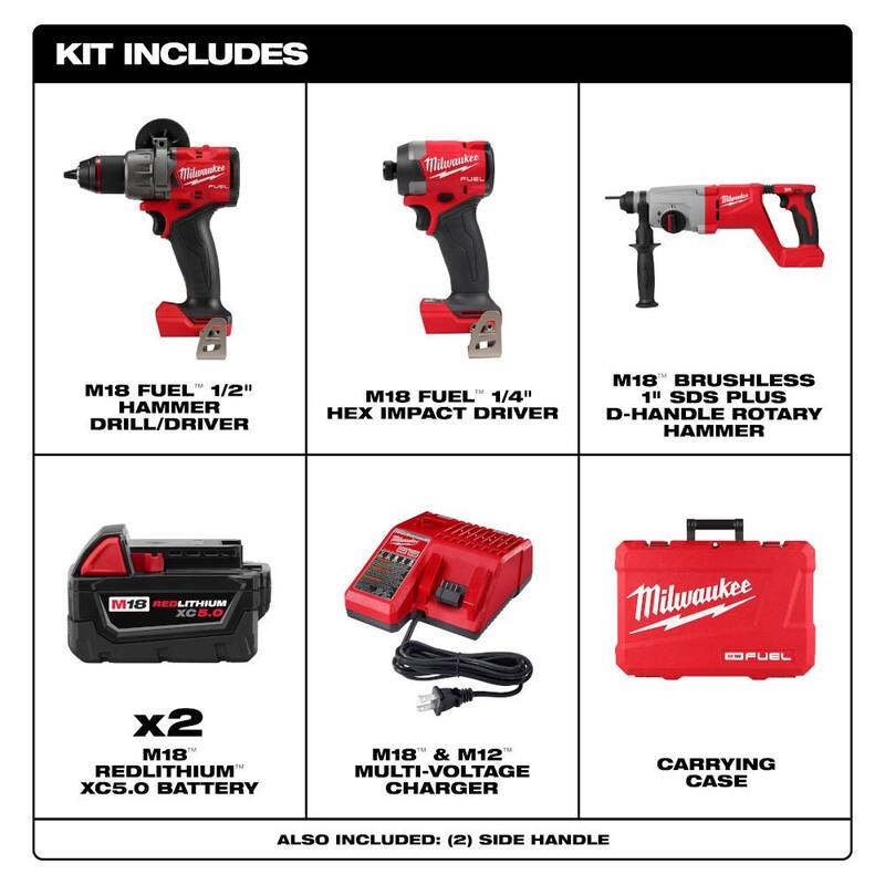 Milwaukee M18 FUEL 18V Lith-Ion Brushless Cordless Hammer Drill/Impact Driver Combo Kit w/2 Batteries & M18 Rotary Hammer - 3697-22-2613-20

Martillo inalámbrico taladrador/destornillador de impacto Milwaukee M18 FUEL de 18V con tecnología Lith-Ion Brushless, combo kit con 2 baterías y martillo rotativo M18 - 3697-22-2613-20