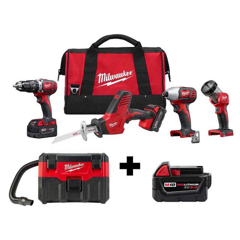 Juego de herramientas inalámbricas Milwaukee M18 18V de iones de litio (4 herramientas) con aspiradora húmeda/seca y batería adicional de 5.0Ah - 2695-24-0880-20-48-11-1850