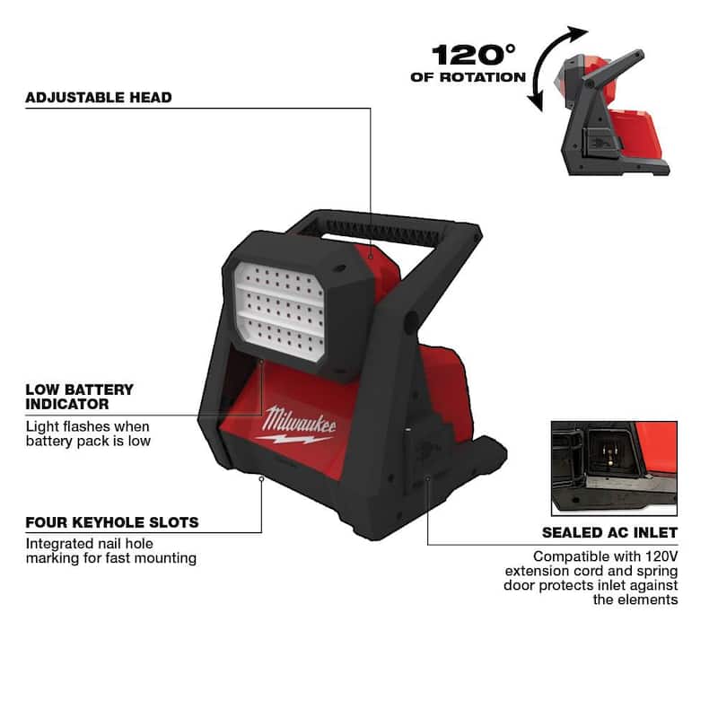Kit combinado inalámbrico sin escobillas Milwaukee M18 FUEL de 18 voltios con 2 herramientas, 2 baterías, cargador y luz de inundación LED AC/DC - 3697-22-2366-20
