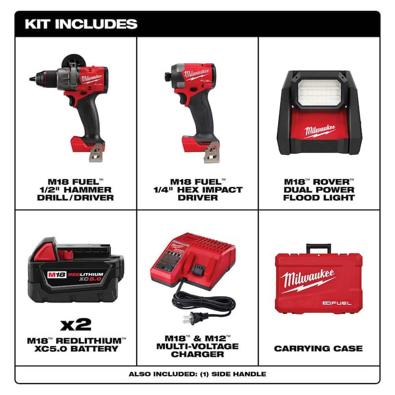 Kit combinado inalámbrico sin escobillas Milwaukee M18 FUEL de 18 voltios con 2 herramientas, 2 baterías, cargador y luz de inundación LED AC/DC - 3697-22-2366-20