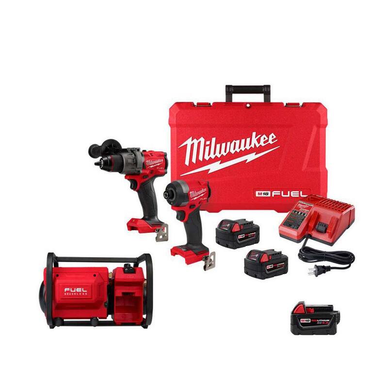 Juego de combinación inalámbrico Milwaukee M18 FUEL de 18V de iones de litio sin escobillas con compresor de 2 galones M18 FUEL y batería de 5.0ah - 3697-22-2840-20-48-11-1850