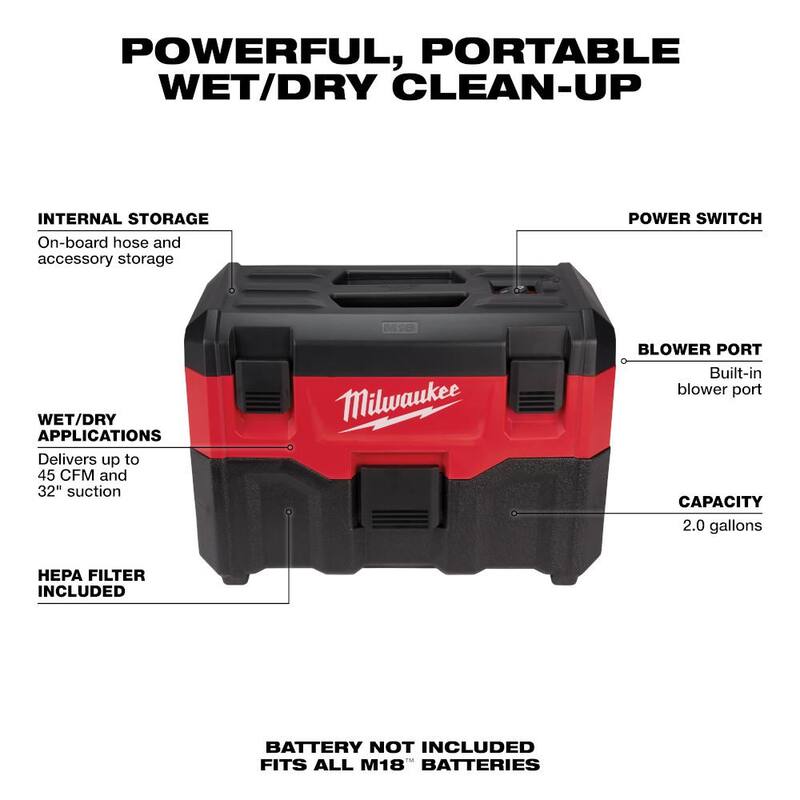 Kit combinado de taladro de martillo inalámbrico Milwaukee M18 FUEL 18V de iones de litio sin escobillas y destornillador de impacto con aspiradora húmeda/seca de 2 galones M18 - 3697-22-0880-20