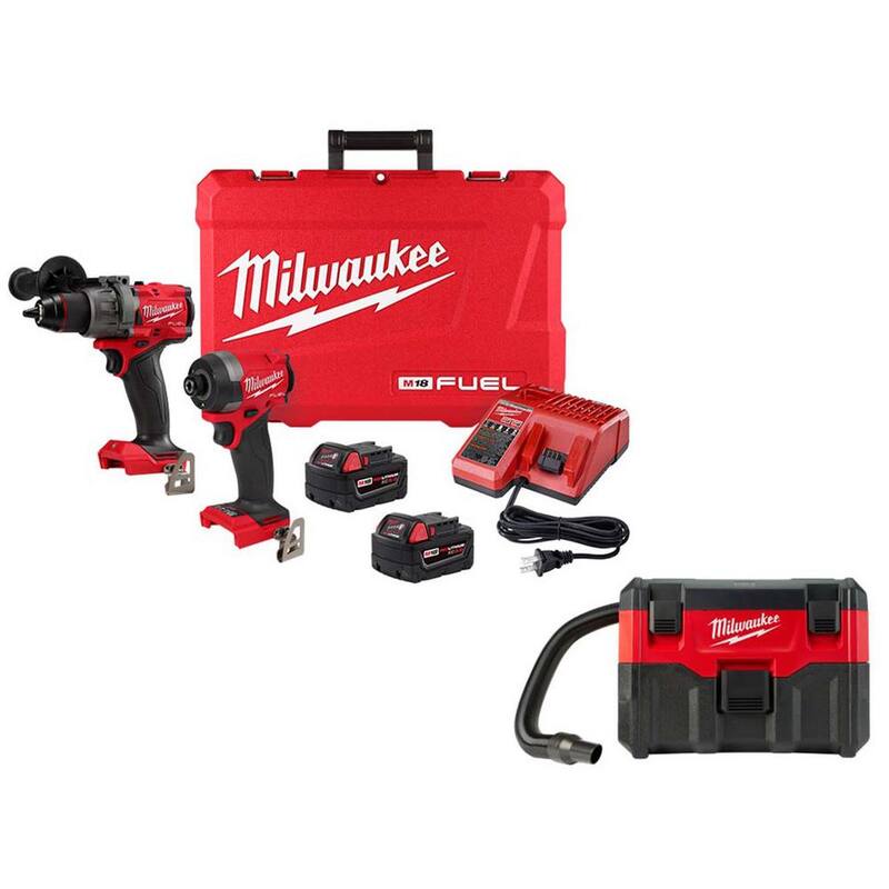 Kit combinado de taladro de martillo inalámbrico Milwaukee M18 FUEL 18V de iones de litio sin escobillas y destornillador de impacto con aspiradora húmeda/seca de 2 galones M18 - 3697-22-0880-20