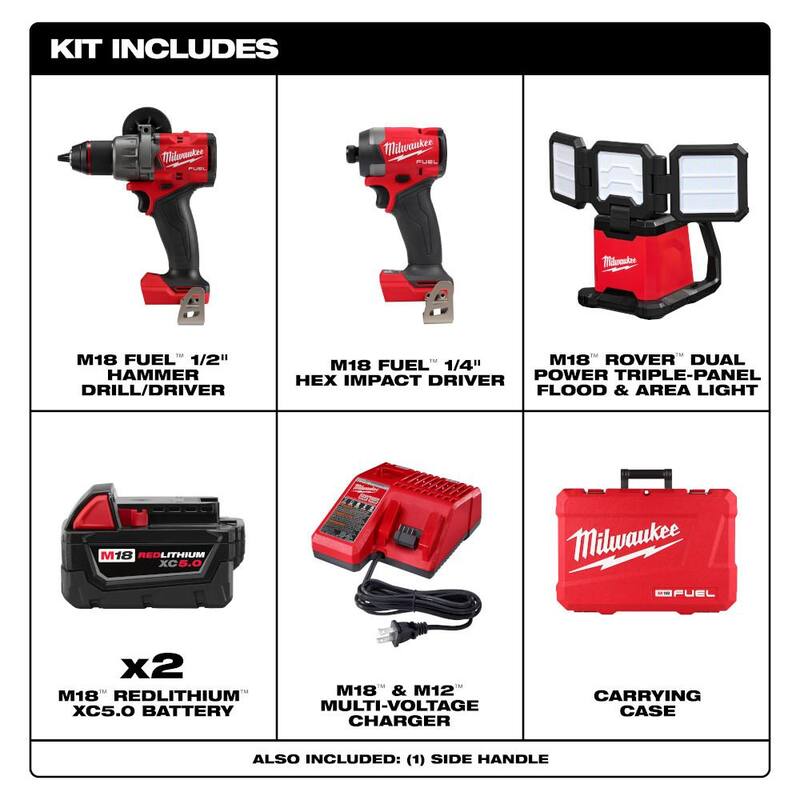 Milwaukee M18 FUEL 18V Litio-Ion sin escobillas inalámbrico Taladro de martillo/Atornillador de impacto Combo Kit (2 herramientas) con 2 baterías y M18 luz de inundación - 3697-22-2368-20.