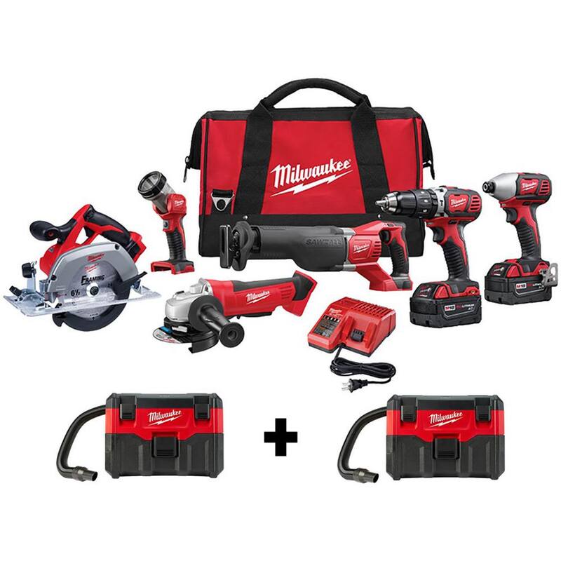 Kit de herramientas inalámbricas de combo Milwaukee M18 18V de iones de litio (6 herramientas) con dos aspiradoras húmedo/seco M18 - 2696-26-0880-20-0880-20