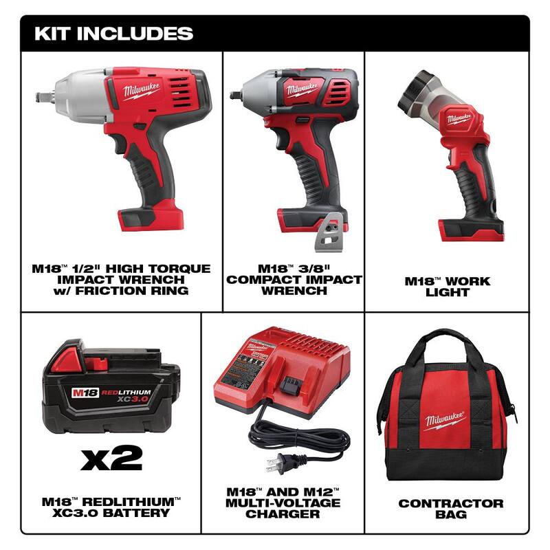 Kit de herramientas inalámbricas Milwaukee M18 18V de iones de litio (3 herramientas) con (2) Baterías de 3.0 Ah, (1) Cargador, (1) Bolsa para herramientas - 2696-23.