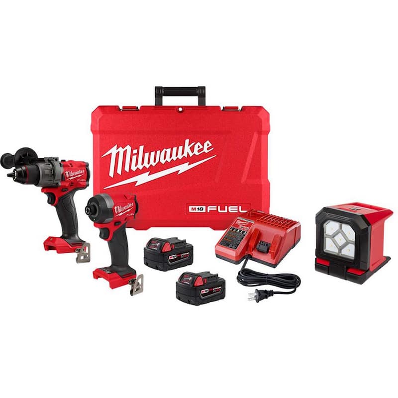 Milwaukee M18 FUEL 18-V Juego de Combo Inalámbrico sin Escobillas de Iones de Litio (2 Herramientas) con 2 Baterías, Cargador y Luz de Inundación LED para Montaje - 3697-22-2365-20