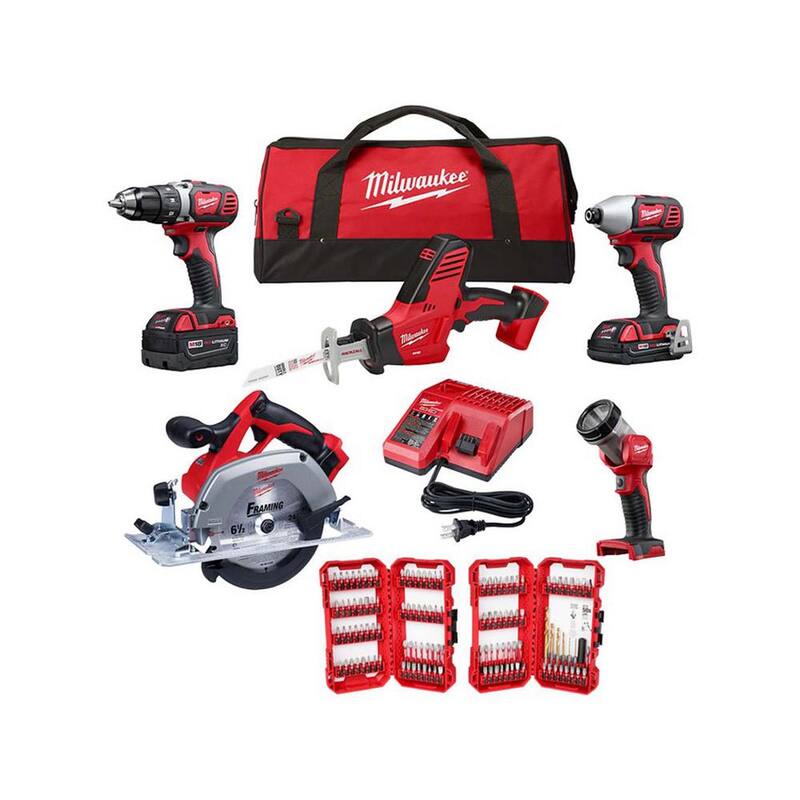 Kit de Combinación Inalámbrico Milwaukee M18 18V de Iones de Litio (5 herramientas) con (1) batería de 3.0Ah y (1) batería de 1.5Ah, (1) cargador y set de puntas (120 piezas) - 2695-25CX-48-32-5155