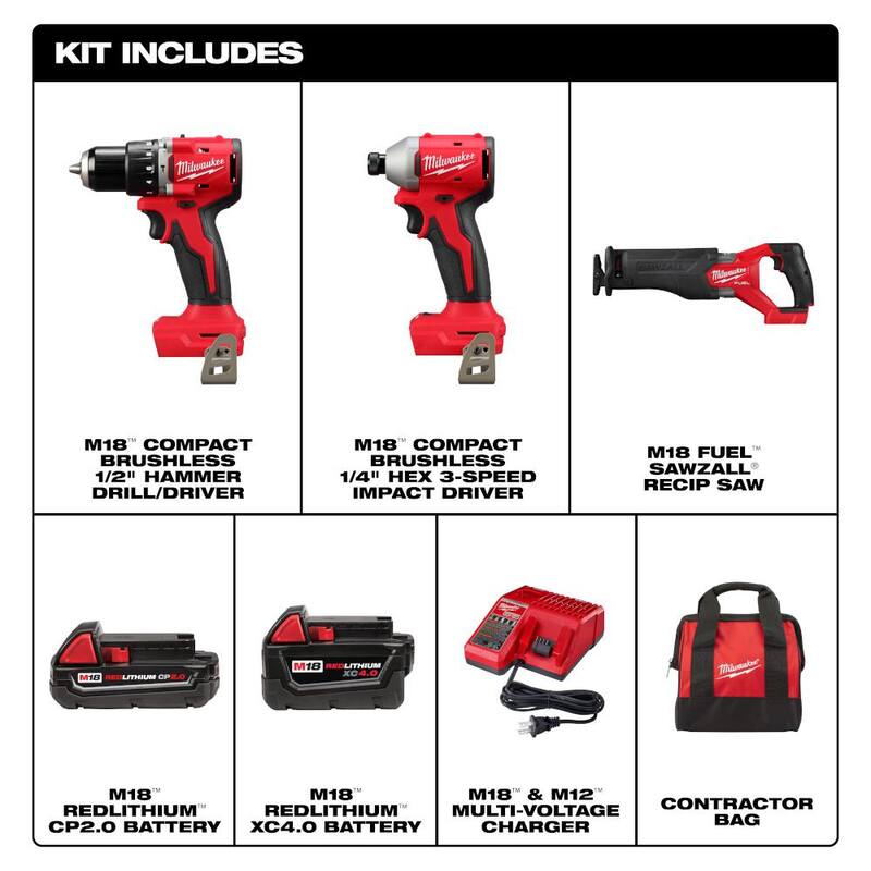 Milwaukee M18 18-Volt Lith-Ion Brushless Cordless Compact Hammer Drill/Impact Combo Kit con 2 baterías y M18 FUEL SAWZALL - 3693-22CX-2821-20