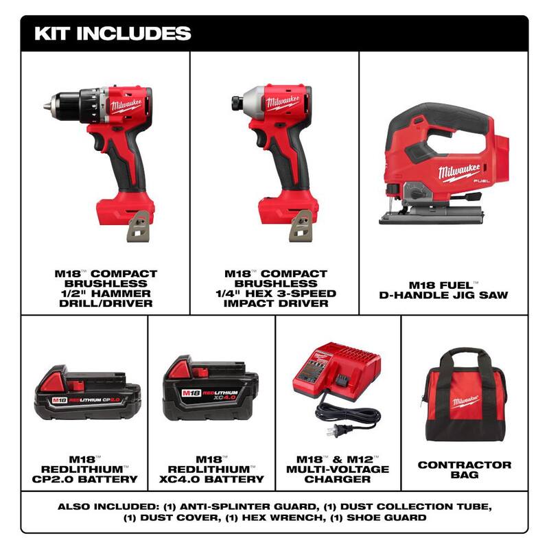 Kit de Combo de Taladro Martillo/Impacto Inalámbrico Compacto Milwaukee M18 18-Volt Lith-Ion Brushless (2 herramientas) con 2 baterías y sierra caladora M18 FUEL - 3693-22CX-2737-20