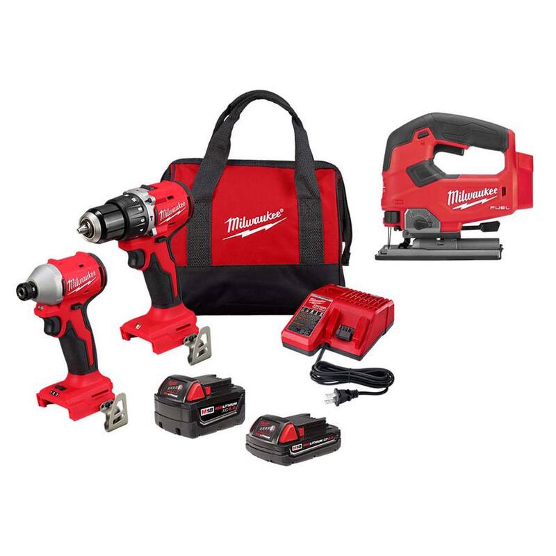 Kit de Combo de Taladro Martillo/Impacto Inalámbrico Compacto Milwaukee M18 18-Volt Lith-Ion Brushless (2 herramientas) con 2 baterías y sierra caladora M18 FUEL - 3693-22CX-2737-20