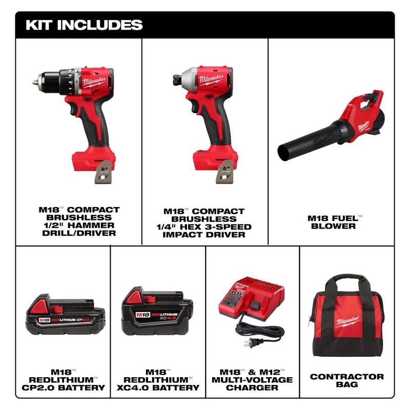 Milwaukee M18 18-Volt Lithium-Ion Brushless Cordless Compact Hammer Drill/Impact Combo Kit w/(2) Batteries & M18 FUEL Blower - 3693-22CX-3017-20

Equipo combo de taladro de martillo de impacto compacto inalámbrico sin escobillas de 18 voltios Milwaukee M18/18-Voltios de Iones de Litio con (2) baterías y soplador M18 FUEL - 3693-22CX-3017-20
