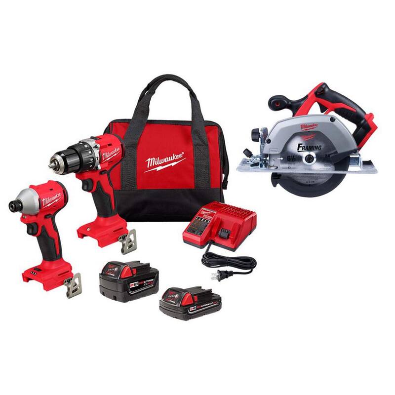 Combo de taladro de martillo e impacto inalámbrico sin escobillas compacto de 18V Milwaukee M18 con baterías y sierra circular de 6-1/2 pulgadas M18 - 3693-22CX-2630-20