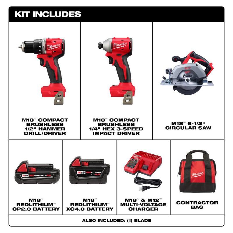 Combo de taladro de martillo e impacto inalámbrico sin escobillas compacto de 18V Milwaukee M18 con baterías y sierra circular de 6-1/2 pulgadas M18 - 3693-22CX-2630-20
