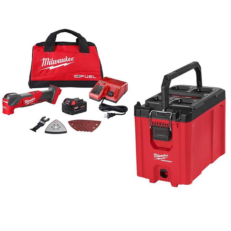 Kit de Herramienta Oscilante Multifunción inalámbrica Milwaukee M18 FUEL 18V de Iones de Litio sin escobillas y Caja de Herramientas PACKOUT - 2836-21-48-22-8422