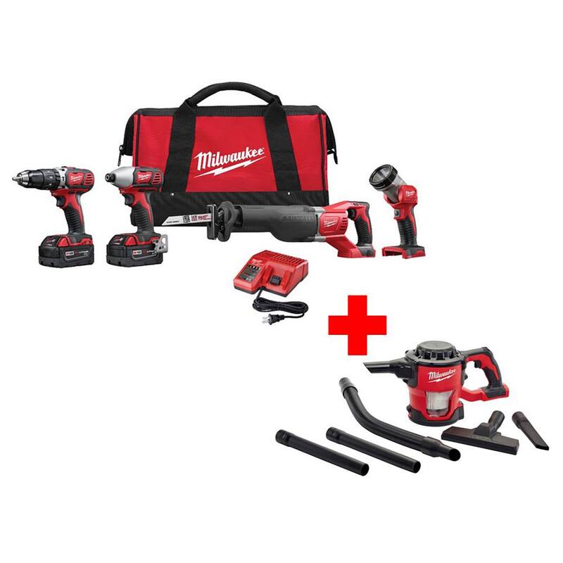 Juego de combinación Milwaukee M18 18V de taladro de martillo/impacto/Sawzall/luz inalámbrico de ion de litio (4 herramientas) con aspiradora compacta M18 - 2696-24-0882-20