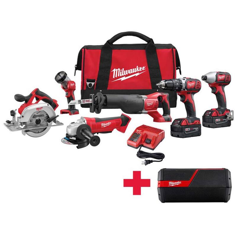 Juego de herramientas inalámbricas de combo Milwaukee M18 18V de iones de litio (6 herramientas) con altavoz inalámbrico para sitio de trabajo M18 - 2696-26-2891-20
