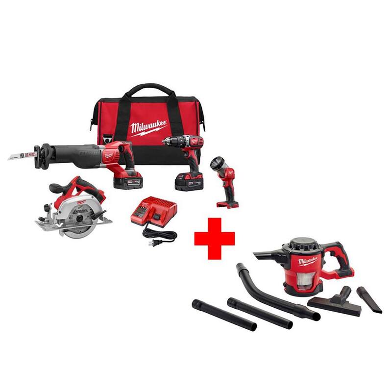 Kit de Combo Milwaukee M18 18V de Taladro Martillo Inalámbrico de Iones de Litio/Sierra Sable/Sierra Circular con Luz (4 Herramientas), Incluye Aspiradora Compacta M18 Gratis - 2694-24-0882-20
