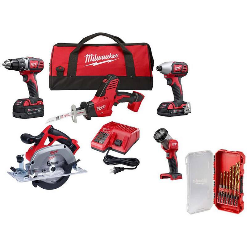 Kit combinado inalámbrico Milwaukee M18 18V Lith-Ion (5 herramientas) con (1) batería de 3.0Ah y (1) batería de 1.5Ah, (1) cargador y juego de brocas (15 piezas) - 2695-25CX-48-89-4670.