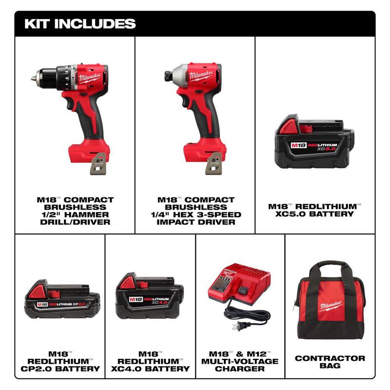 Milwaukee M18 18-Volt Lith-Ion Brushless Cordless Compact Hammer Drill/Impact Combo Kit con (2) baterías y batería M18 5.0 Ah - 3693-22CX-48-11-1850.