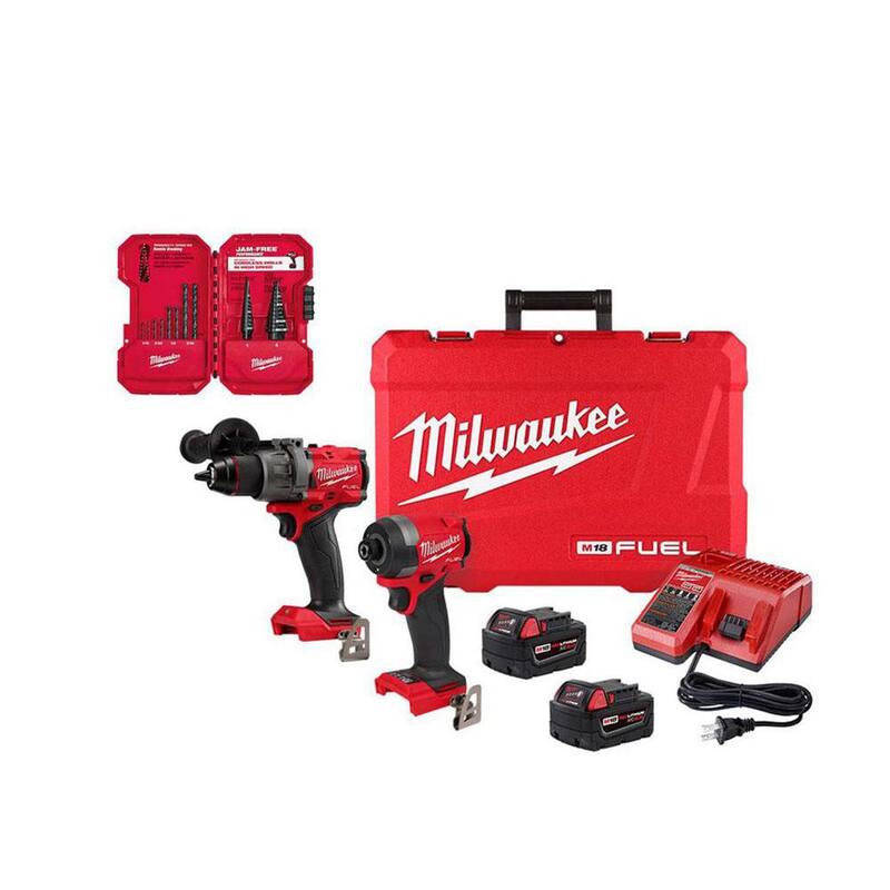 Milwaukee M18 FUEL 18V Taladro de martillo inalámbrico sin escobillas e impacto combo kit (2 herramientas) con juego de brocas de paso de óxido negro (10 piezas) - 3697-22-48-89-9222