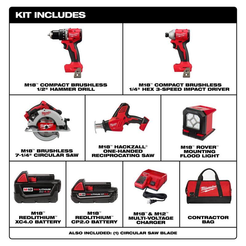 Juego de combos inalámbricos Milwaukee M18 de 18 voltios con tecnología de iones de litio sin escobillas (4 herramientas) con 2 baterías, 1 cargador y bolsa de herramientas con luz de inundación - 3693-24CX-2365-20