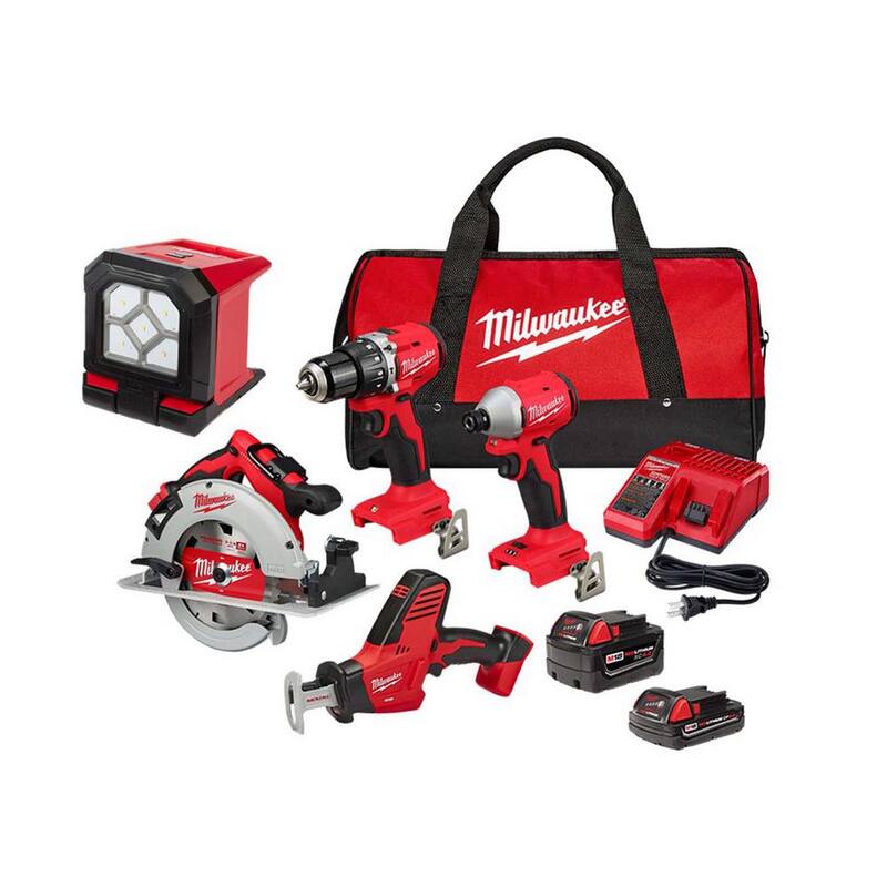 Juego de combos inalámbricos Milwaukee M18 de 18 voltios con tecnología de iones de litio sin escobillas (4 herramientas) con 2 baterías, 1 cargador y bolsa de herramientas con luz de inundación - 3693-24CX-2365-20