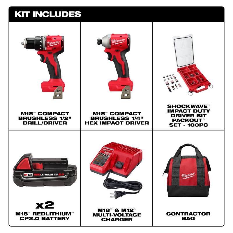 Milwaukee M18 18V Taladro/Impacto Inalámbrico Compacto de Iones de Litio sin Escobillas Combo Kit c/(2) Baterías de 2.0 Ah, Cargador y Juego de Brocas (100 piezas) - 3692-22CT-48-32-4082