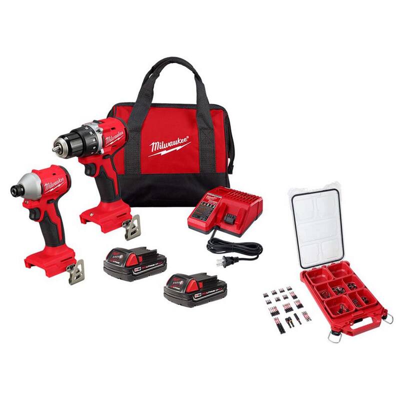 Milwaukee M18 18V Taladro/Impacto Inalámbrico Compacto de Iones de Litio sin Escobillas Combo Kit c/(2) Baterías de 2.0 Ah, Cargador y Juego de Brocas (100 piezas) - 3692-22CT-48-32-4082