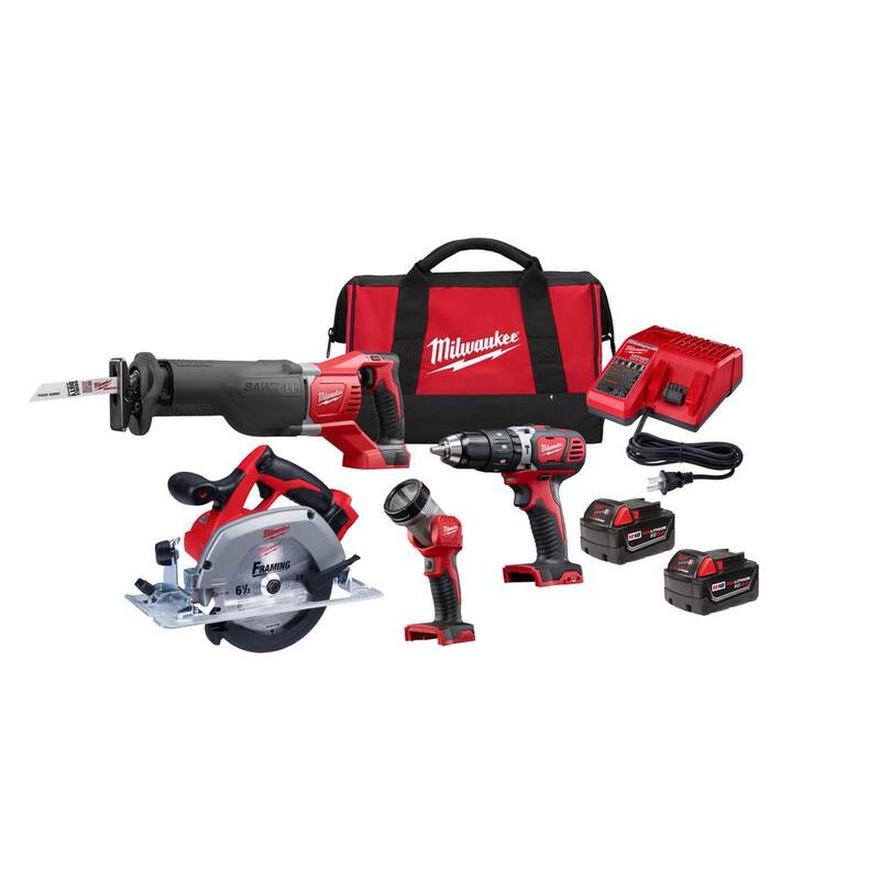 Juego de herramientas inalámbricas Milwaukee M18 de 18V de iones de litio con dos baterías de 3,0 Ah, 1 cargador, 1 bolsa para herramientas (4 herramientas) - 2694-24