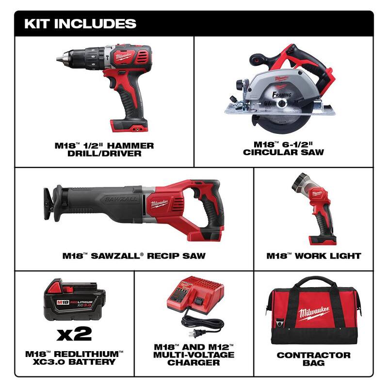 Juego de herramientas inalámbricas Milwaukee M18 de 18V de iones de litio con dos baterías de 3,0 Ah, 1 cargador, 1 bolsa para herramientas (4 herramientas) - 2694-24