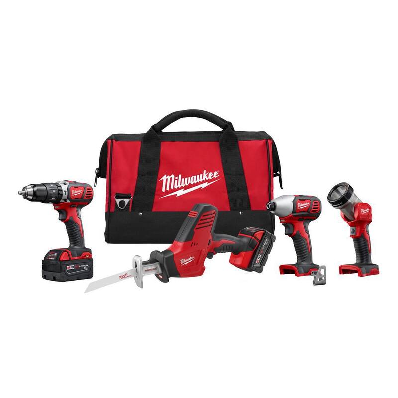 Milwaukee M18 18V Lithium-Ion Kit Combo de Taladro Percutor/Hackzall/Atornillador de Impacto/Luz inalámbrico (4 herramientas), Linterna LED M18 gratis - 2695-24-2361-20