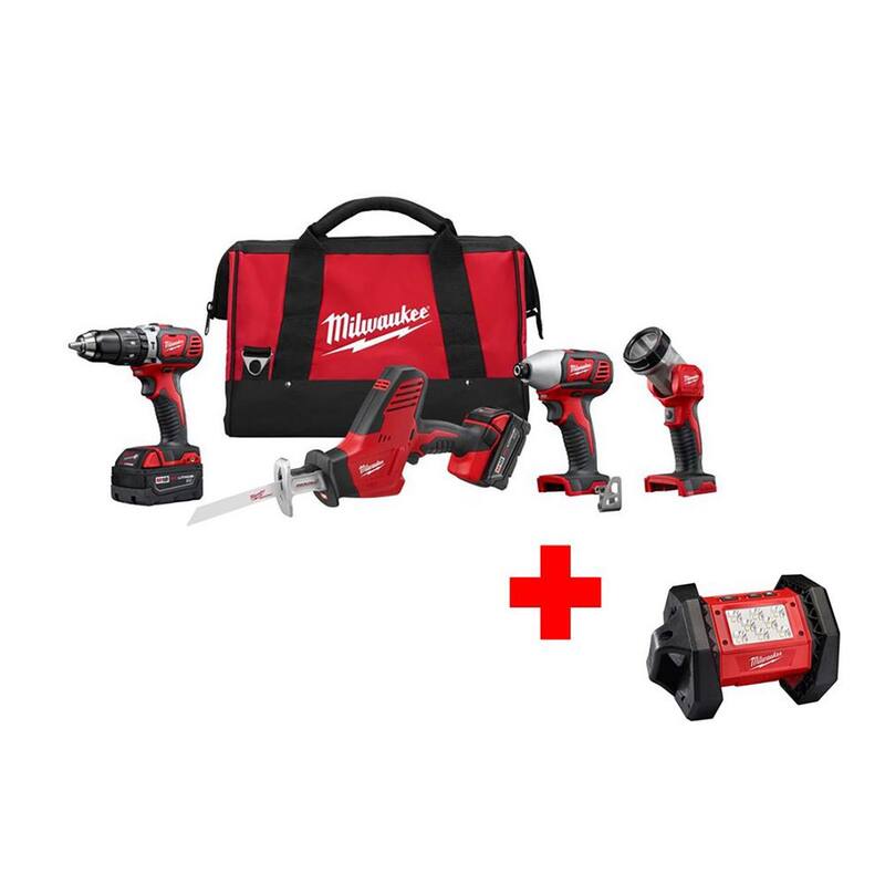 Milwaukee M18 18V Lithium-Ion Kit Combo de Taladro Percutor/Hackzall/Atornillador de Impacto/Luz inalámbrico (4 herramientas), Linterna LED M18 gratis - 2695-24-2361-20