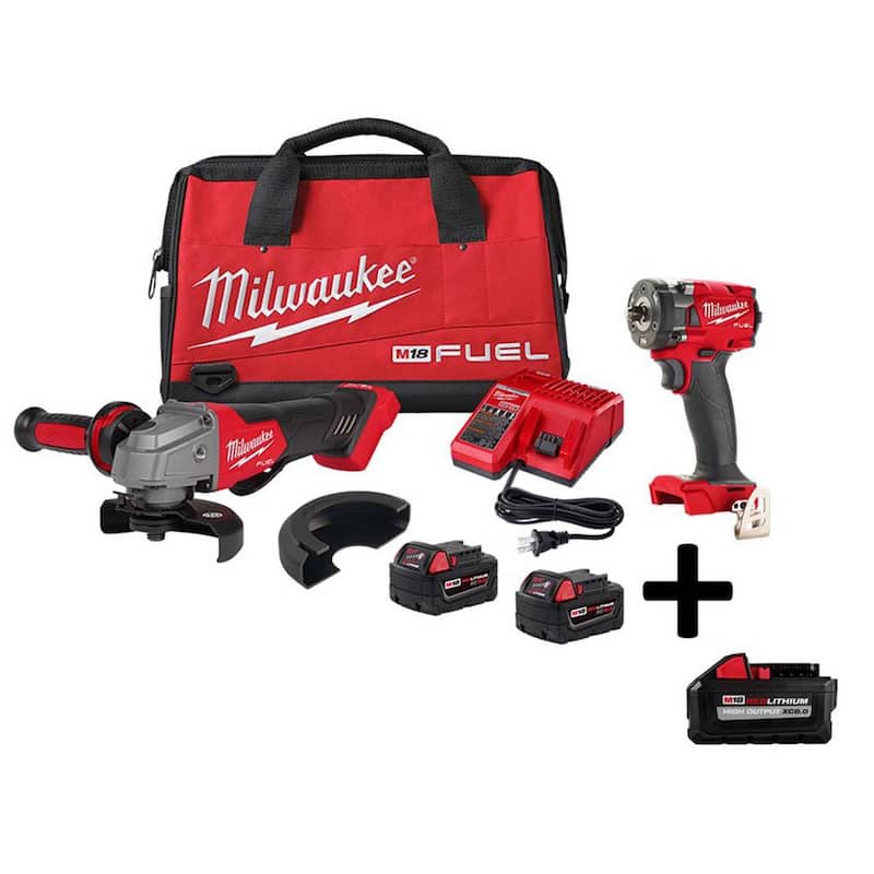 Kit combinado de amoladora inalámbrica sin escobillas de 18V de iones de litio y llave de impacto de 3/8 pulgadas Milwaukee M18 FUEL (2 herramientas) con batería de (2) 5ah y (1) 8ah - 2991-22-48-11-1880