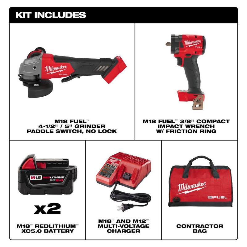 Kit combinado de amoladora inalámbrica sin escobillas de 18V de iones de litio y llave de impacto de 3/8 pulgadas Milwaukee M18 FUEL (2 herramientas) con batería de (2) 5ah y (1) 8ah - 2991-22-48-11-1880