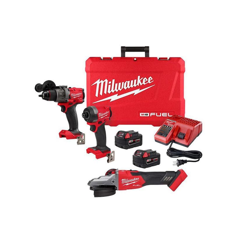 Kit combo de taladro de martillo/destornillador de impacto inalámbrico sin escobillas Milwaukee M18 FUEL de 18 V con batería de iones de litio (2 herramientas) con amoladora de cabezal plano de 5 pulgadas con freno - 3697-22-2887-20