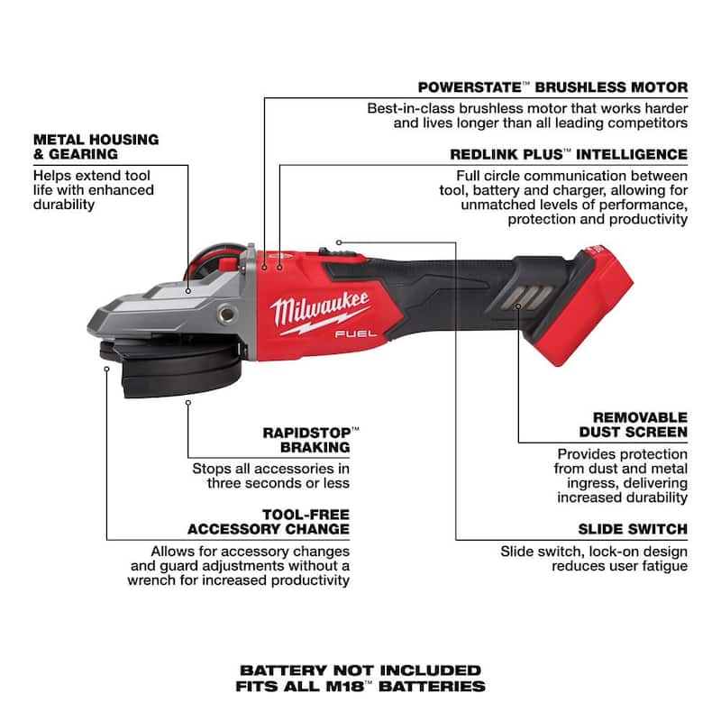 Kit combo de taladro de martillo/destornillador de impacto inalámbrico sin escobillas Milwaukee M18 FUEL de 18 V con batería de iones de litio (2 herramientas) con amoladora de cabezal plano de 5 pulgadas con freno - 3697-22-2887-20
