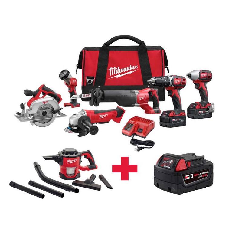 Kit Combo inalámbrico de iones de litio Milwaukee M18 18V (6 herramientas) con aspiradora M18 y batería M18 XC 5AH gratis - 2696-26-0882-20-48-11-1850
