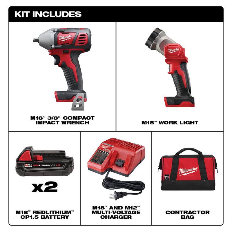 Juego Combo de Llave de Impacto/Luz Inalámbrica de Iones de Litio de 18V M18 de Milwaukee (Con 2 Herramientas) con Dos Baterías de 1.5 Ah, Cargador, Bolsa de Herramientas - 2693-22