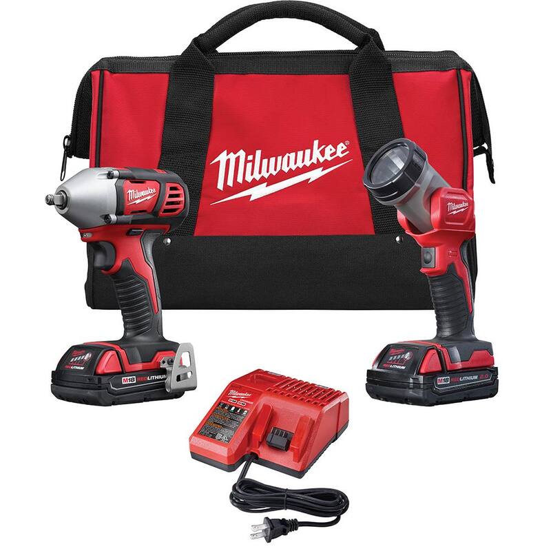 Juego Combo de Llave de Impacto/Luz Inalámbrica de Iones de Litio de 18V M18 de Milwaukee (Con 2 Herramientas) con Dos Baterías de 1.5 Ah, Cargador, Bolsa de Herramientas - 2693-22